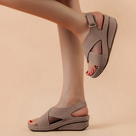 

Women Shoes Women s Casual Fashion Slope HeelBreathable Hook&Loop Hollow Sandals Beige 6.5