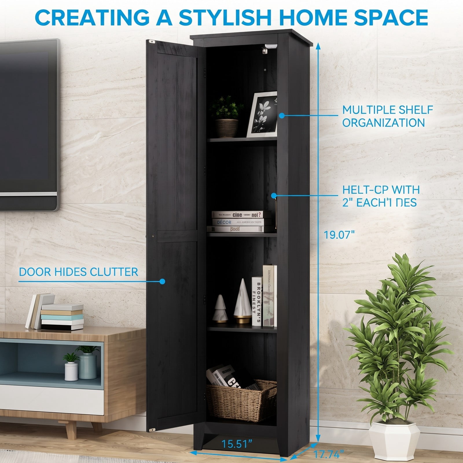 Fenbeli Linen Tower Bathroom Storage Cabinet, Tall Slim Freestanding Floor Organizer with 4 Shelves, Anti-Tip Side Storage Cabinet with Door and Magnetic, Black