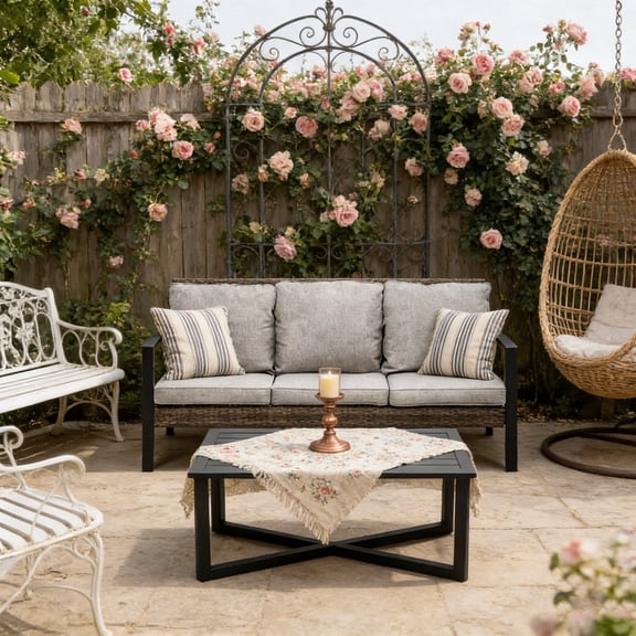 KIOOTTO 66" Outdoor 3-Seat Wicker Sofa Set with Coffee Table, All-Weather PE Rattan Patio Conversation Set, Gray Cushions for Porch & Balcony