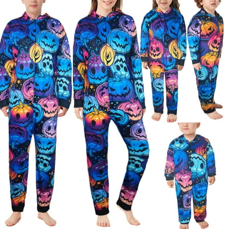 

Family Matching Pajamas Set Long Sleeve Hooded Pumpkin Zip-up Jumpsuit Loungewear Sleepwear for Adult Kids