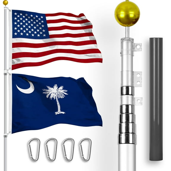 G128 Combo Pack: 25 Ft Telescoping Aluminum Flagpole (Silver) & American and South Carolina Flags 3x5 Ft, Both StormFlyer Series Embroidered 220GSM Spun Polyester | Pole with Flags Included