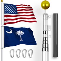 G128 Combo Pack: 25 Ft Telescoping Aluminum Flagpole (Silver) & American and South Carolina Flags 3x5 Ft, Both StormFlyer Series Embroidered 220GSM Spun Polyester | Pole with Flags Included