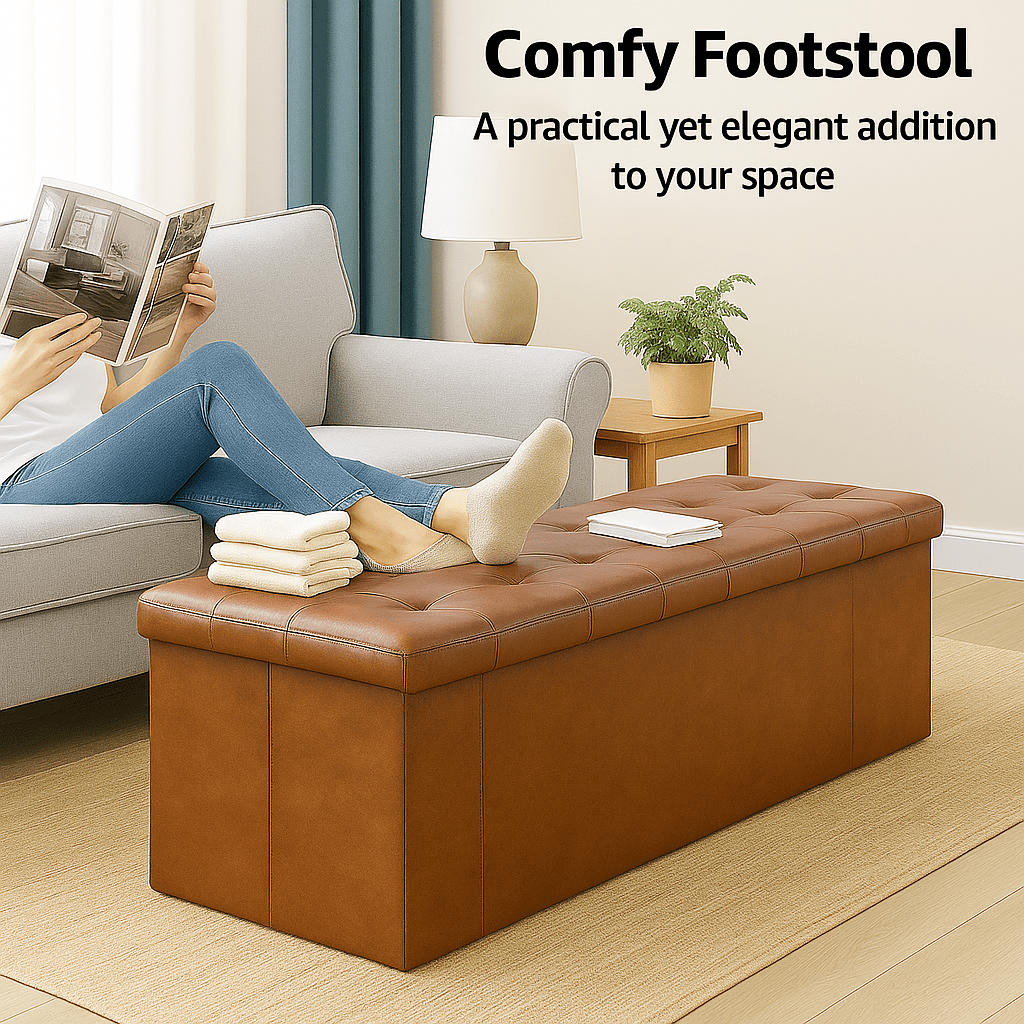 CONCETTA 43" Storage Ottoman – Foldable Faux Leather Stool with Storage, 660 lb Capacity, for Bedroom, Living Room, Entryway, Brown