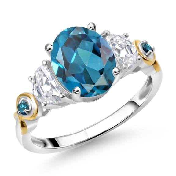 Gem Stone King 925 Silver and 10K Yellow Gold 3-Stone Ring Oval London Blue Topaz and Moissanite (2.76 Cttw, Size 5)