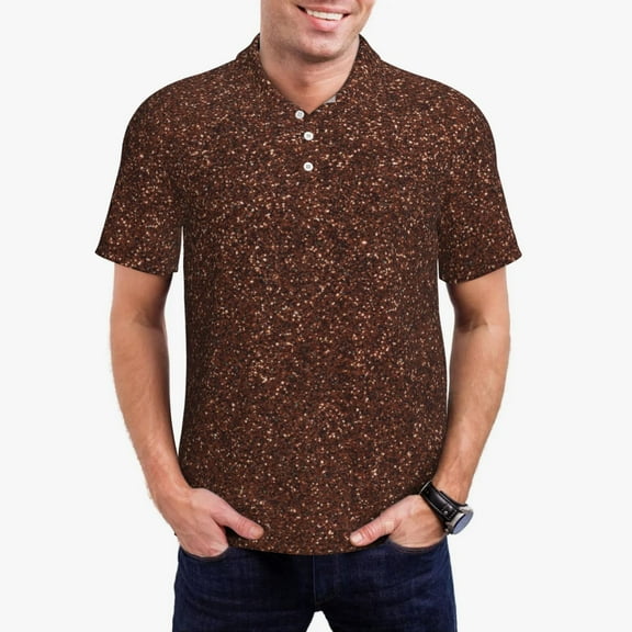 Kdxio Dark Brown Glitter Print Men's Short Sleeve Polo Shirt,Midweight Men's Shirt-Small