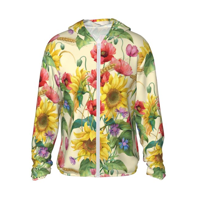 Balery Sunflower Cornflower Poppy Sudadera ligera de manga larga con capucha y protección solar UPF 50+ para hombre y mujer, ideal para pesca y running-X-Large