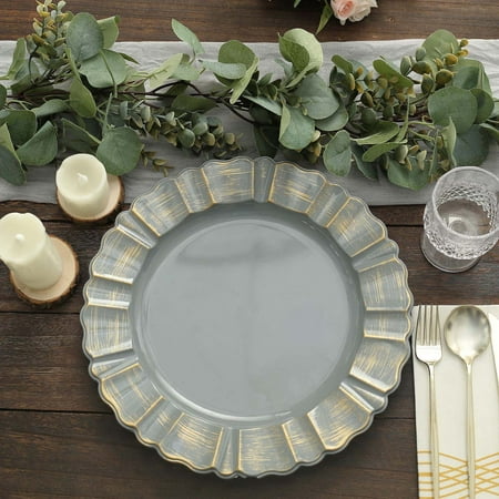 

Efavormart 6 Pack | 13 Round Charcoal Gray Acrylic Plastic Charger Plates With Gold Brushed Wavy Scalloped Rim