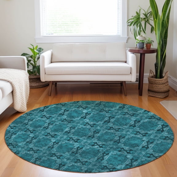 Addison Rugs Chantille Indoor/Outdoor Transitional Panel Teal Washable Round Rug, 8' x 8'