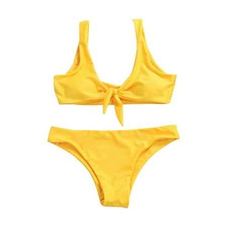 Womens Swimsuits Solid Color Lace Up Front Strappy Bra And Panty Set Split Two Piece Tankini Swimsuits For Women Swimwears Beachwear Yellow L