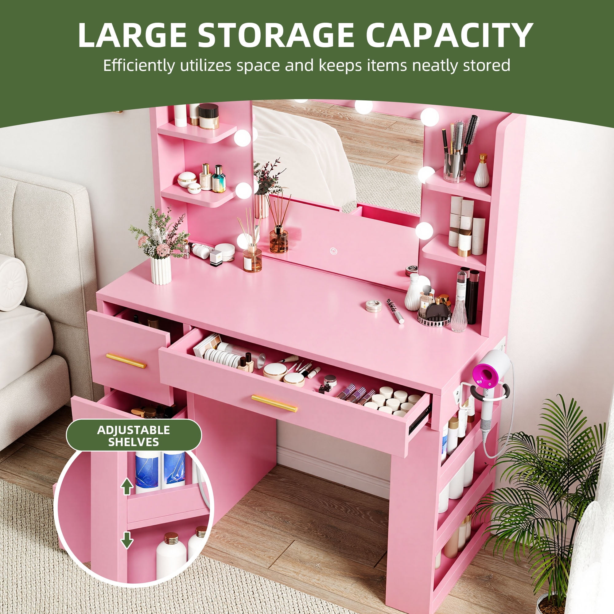 Uforic Engineered Wood 40" Pink Makeup Vanity Desk with LED Mirror, 4 Drawers, Hair Dryer Holder, and Shelves