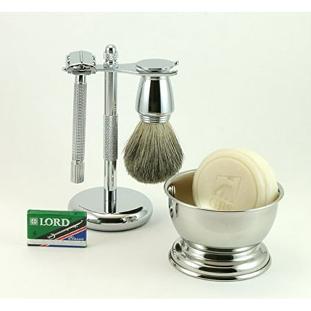 Shaping Set - 5 Piece Men's Shaving Set -- De Razor Long Handle, Badger Brush, Chrome Bowl, GBS Soap and Stand