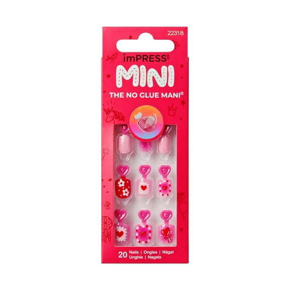 KISS imPRESS MINI Valentine’s Day Press On Nails, Candy Heart, Pink Squoval, 30 Count