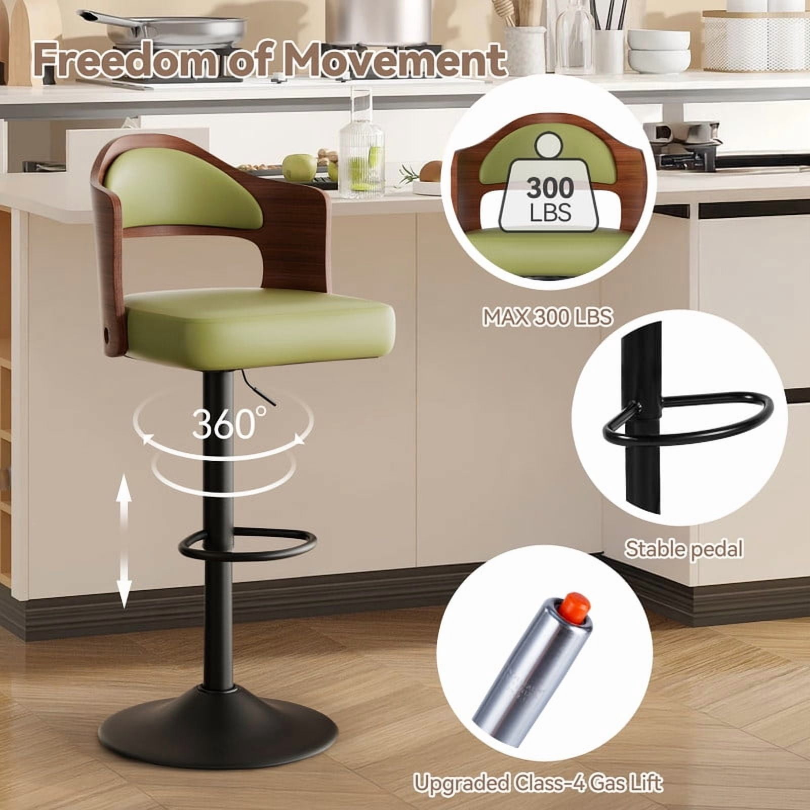 Daluvenix Swivel Bar Stools Set of 2, Wooden Kitchen Bar Chairs with Back, PU Leather Counter Height Barstools for Kitchen Island, Green
