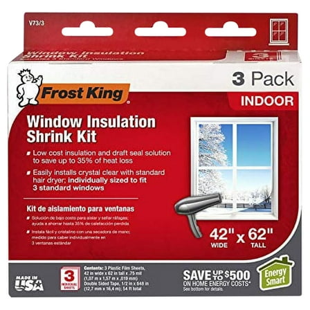 Frost King V73/3H Shrink Window Kit, Indoor, 42 x 62 in, 3-Pack, Clear, 3 Count