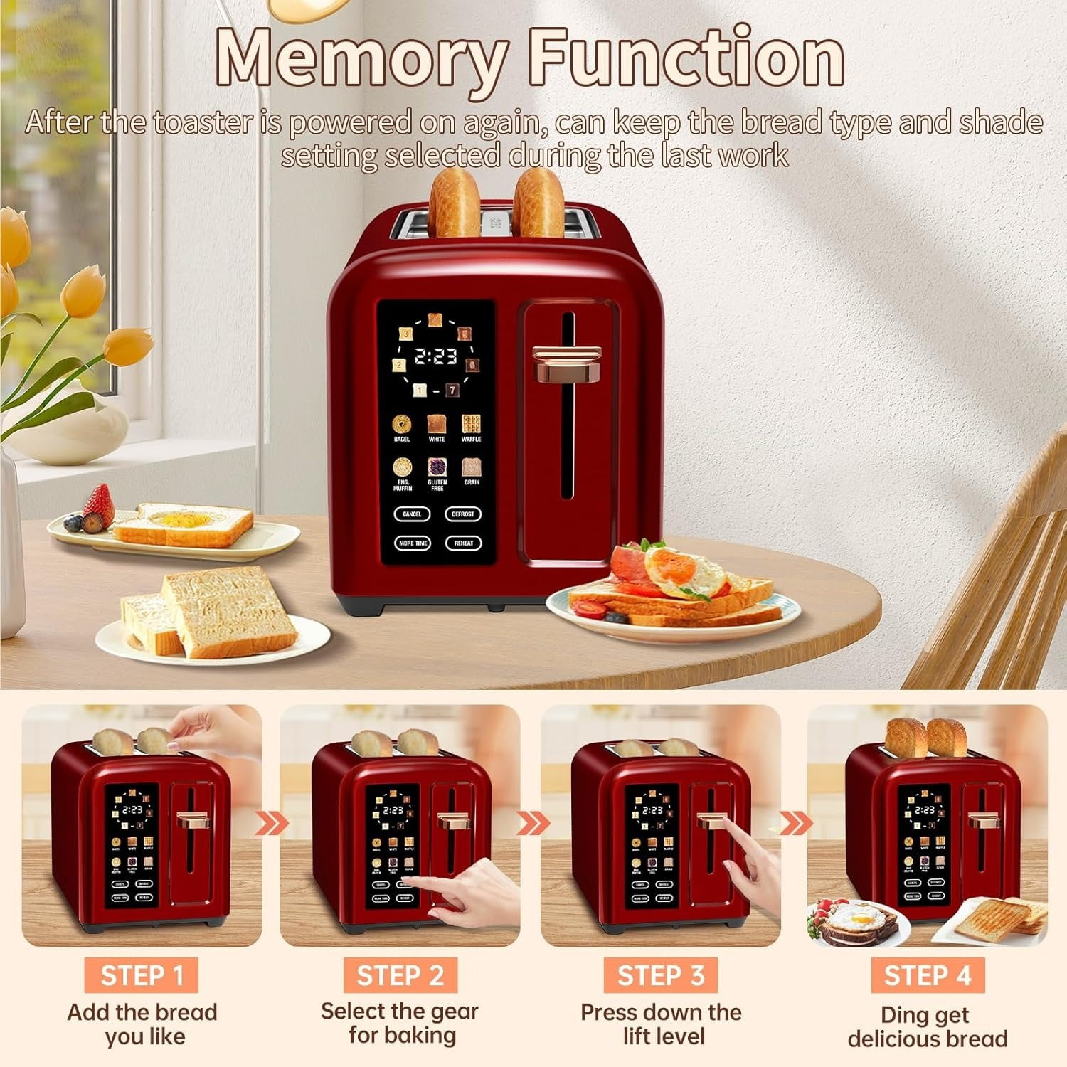 Toaster 2 Slice, Touch Control Stainless Toaster LCD Display, 50% Faster Heating Speed, 1.4'' Wide Slots, More Timer Functions, Removable Crumb Tray, 1350W, Dark Metallic