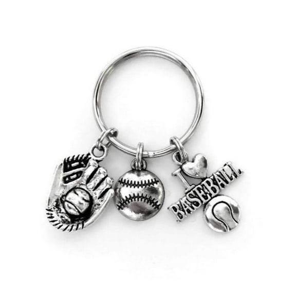 Baseball themed keychain. Includes Baseball, Glove, and I Love Baseball Charms. Baseball Coach gift.