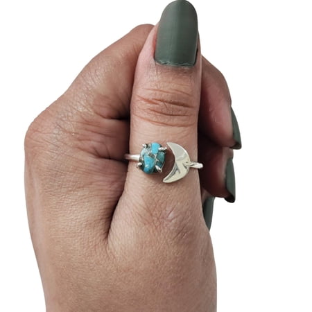 Natural Blue Copper Turquoise Ring, Blue Copper Turquoise Ring, December Birthstone, Crescent Moon Adjustable Ring, Toe Ring, 925 Sterling Silver, Womens Ring, Christmas, Handmade Statement Jewelry