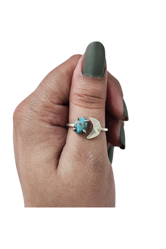 Natural Blue Copper Turquoise Ring, Blue Copper Turquoise Ring, December Birthstone, Crescent Moon Adjustable Ring, Toe Ring, 925 Sterling Silver, Womens Ring, Christmas, Handmade Statement Jewelry