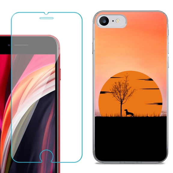 Slim-Fit Fashion Gel Phone Case for iPhone SE 2022, with Tempered Glass Screen Protector, by OneToughShield ® - Sunset Dachshund