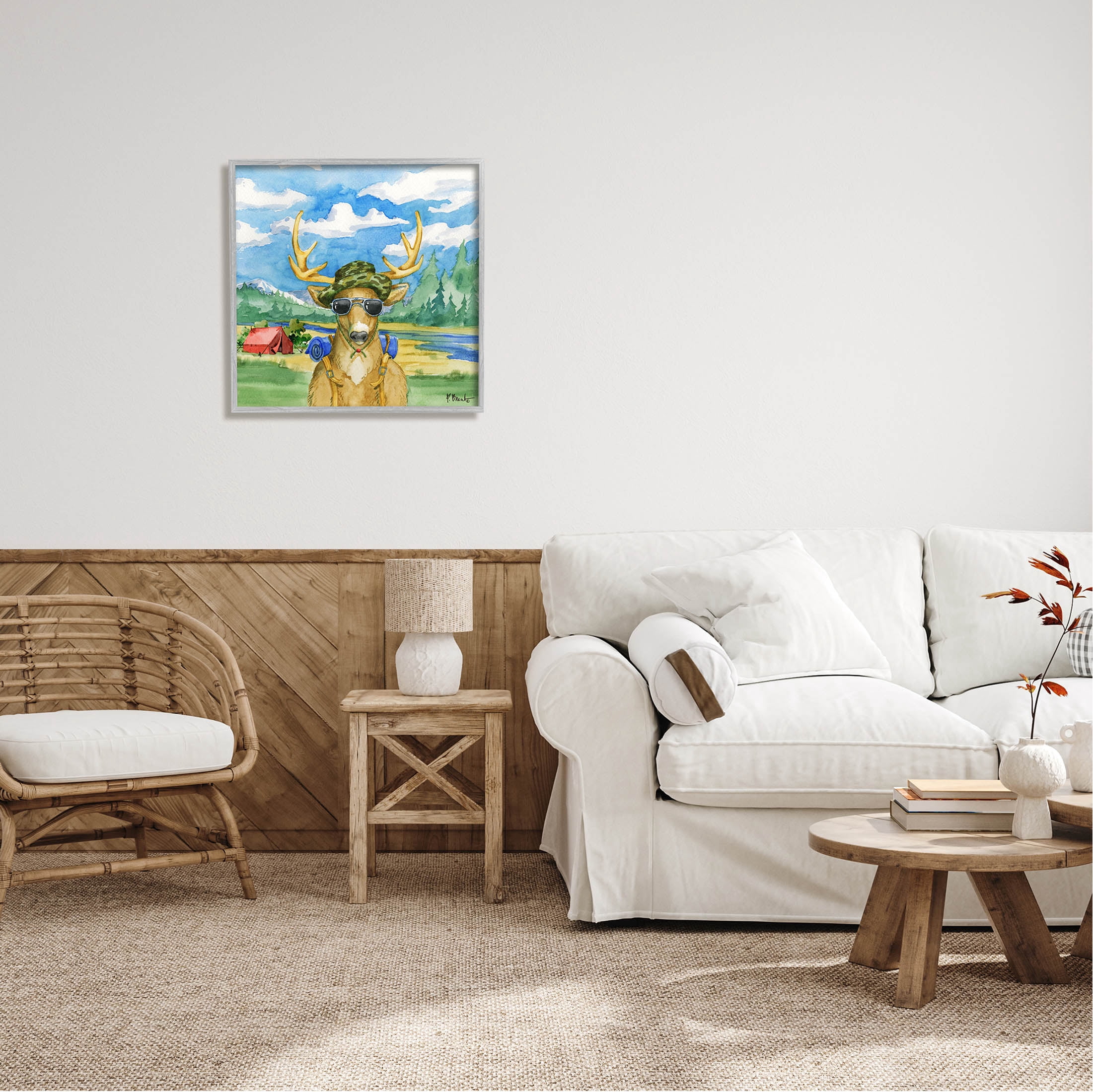 Stupell Industries Happy Camper Deer Forest Hike Painting Gray Framed Art Print Wall Art, Design by Paul Brent