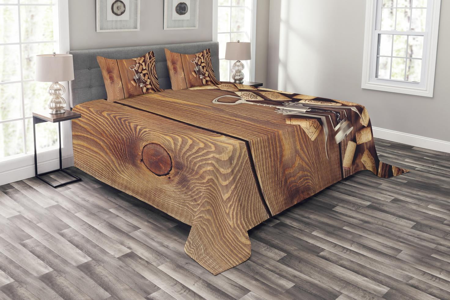 Winery Bedspread Set King Size, Wine Corks Rustic Wooden Ground Natural