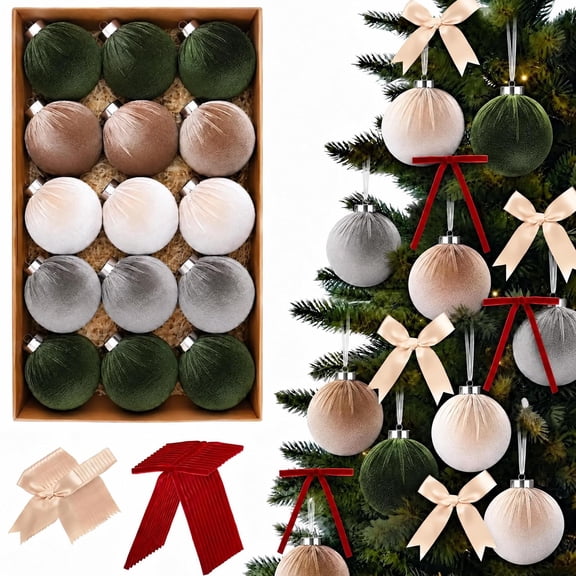 HiberyHom 15 Pcs Velvet Christmas Balls with 24 Pcs Christmas Tree Bows, 3.15 Inch Earth Tone Decorative Hanging Ornaments for Tree, Shatterproof Xmas Decor for Holiday (Multicolor)