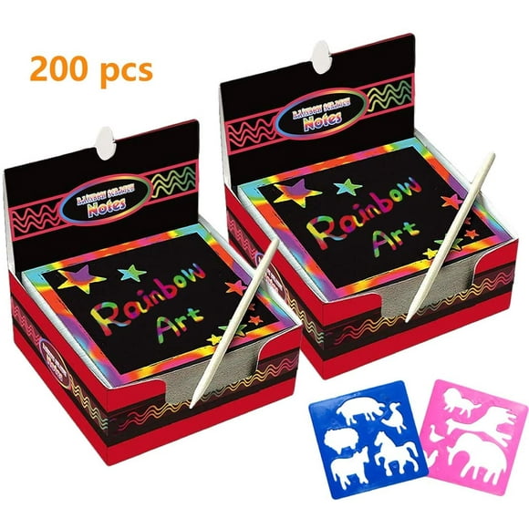 200 PCS Rainbow Scratch Paper Magic Note Mini Crafts Art Set Cool Colorful DIY Painting Sketch Drawing Gift Books with Wooden Stylus Scratchers Stencils Notepad