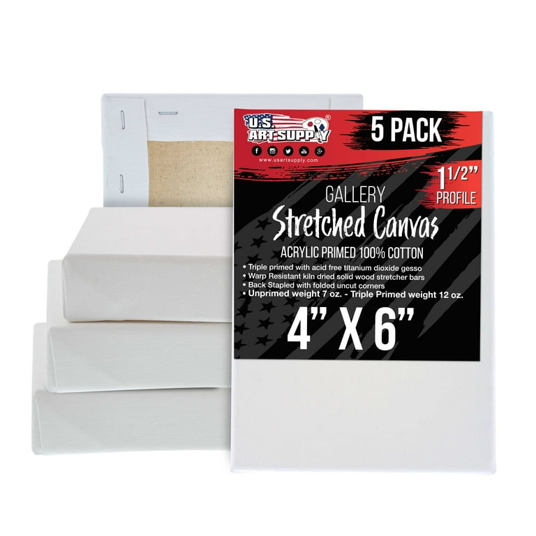 U.S. Art Supply 4 x 6 Gallery Depth 1-1/2 Profile Stretched Canvas  5-Pack - Acrylic Gesso Triple Primed 12-ounce 100% Cotton Acid-Free Back  Stapled 