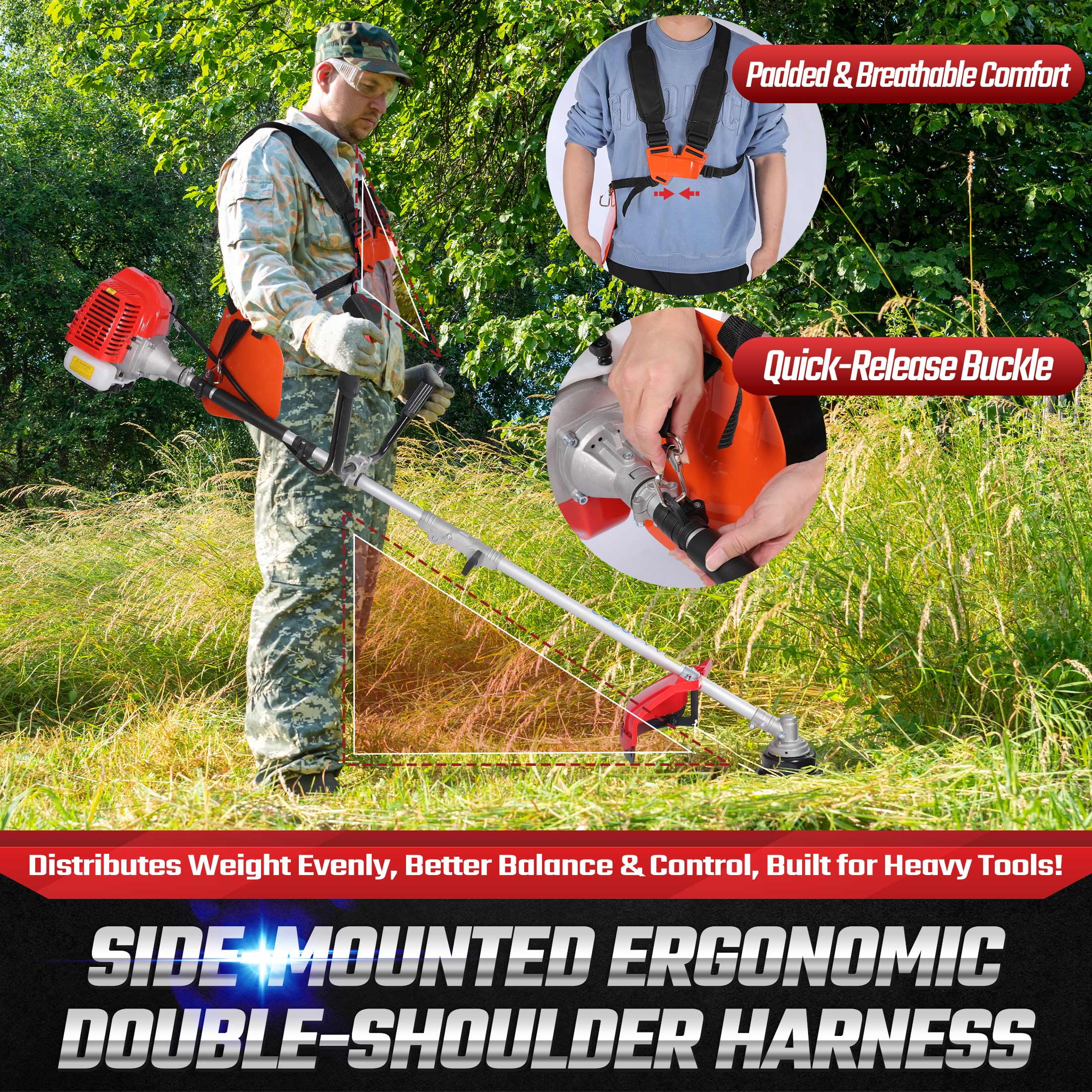 52cc 2-Cycle Weed Wacker Gas Powered, 3-in-1 Gas String Trimmer/Edger, 3T/40T
Brush Cutter 10", Powerful Gas Weed Trimmer for Lawn Care, 18" Cutting Path
Grass Trimmer with Shoulder Strap