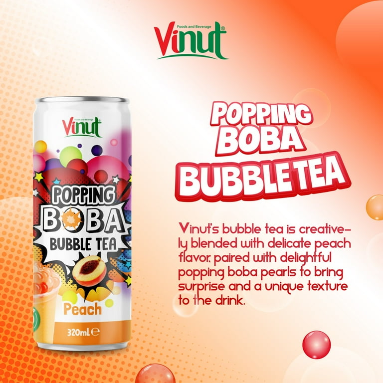 Vinut Popping Boba bubble tea with peach flavor- 11Oz. -Pack of 12