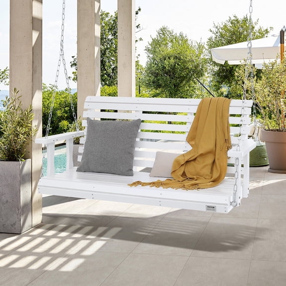 4.5 FT Outdoor Wooden Swing Bench - White Patio Porch Swing with Hanging Chains, 880 lbs Strong Load, for Courtyard & Garden