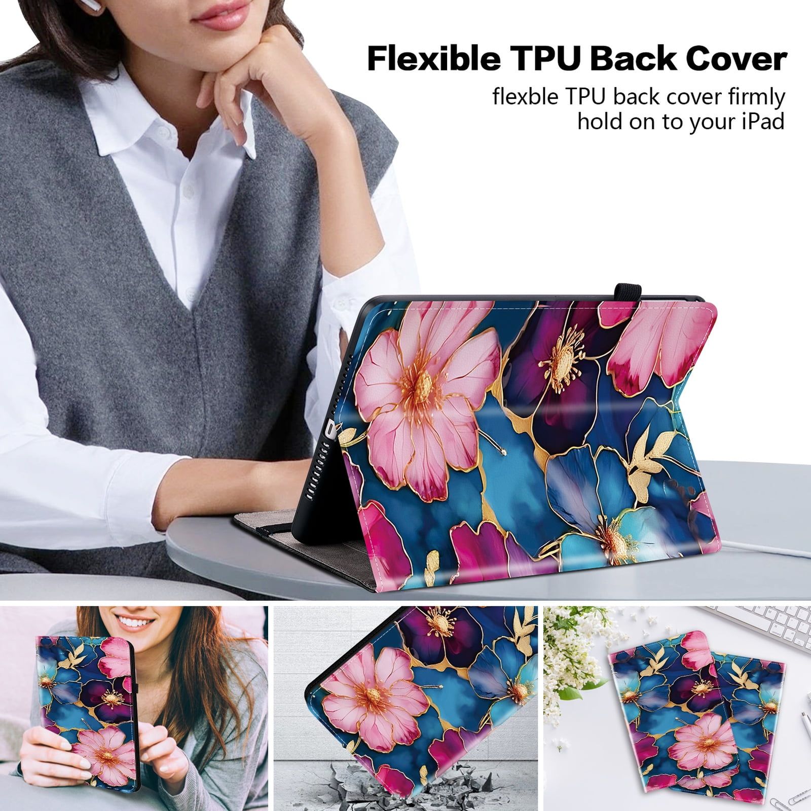 Allytechgroup for iPad 10.2" 9th 8ht 7th Generation Case, Premium PU Leather Flip Cover Stand Cover with Cards Slots Pencil Holder Shockproof TPU Inner Case for Apple iPad 10.2", Flowers