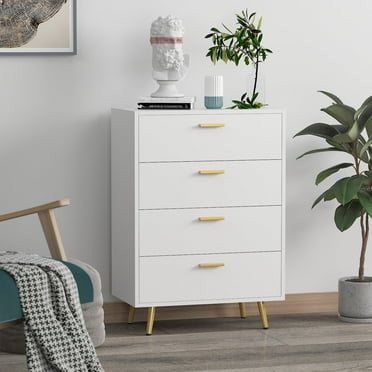 KULAGAGA Dresser with 4 Drawers, Drawer Dresser Chest Wood Storage Organizer Clothes Cabinet Unit for Bedroom, Closet, Entryway, Hallway, Nursery Room, White