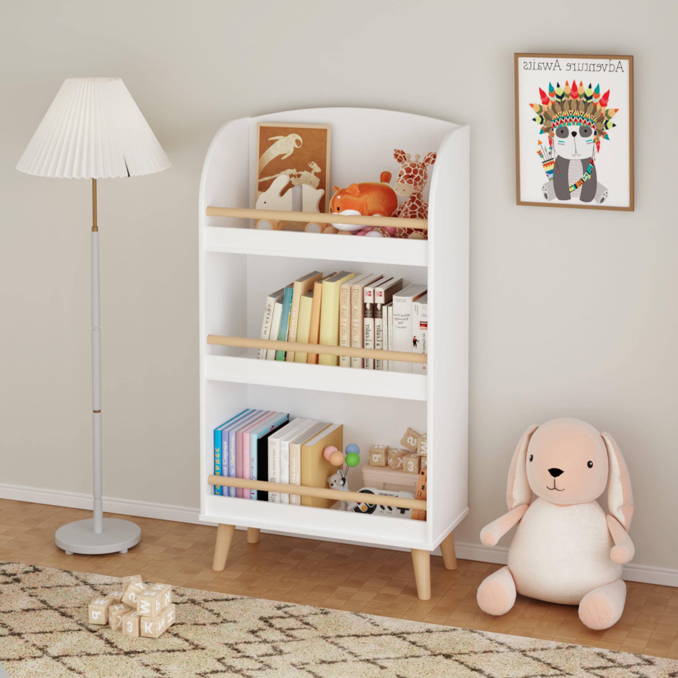Noble House 3-Tier Kids Bookshelf and Toy Storage Cabinet, MDF and Pine Book Organizer for Nursery or Playroom, White