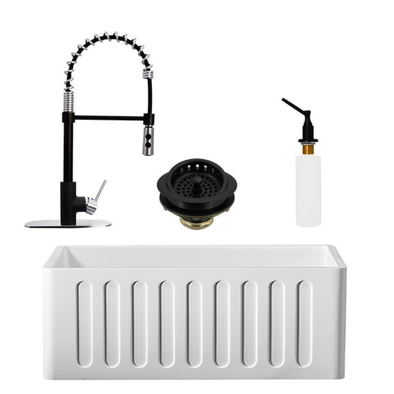 Westbrass BK124W18A-6220 24" Single Bowl Reversible Apron Front Solid Surface Kitchen Sink with Open Coil Faucet, Soap Dispenser and Drain Trim, Matte Black/Stainless Steel