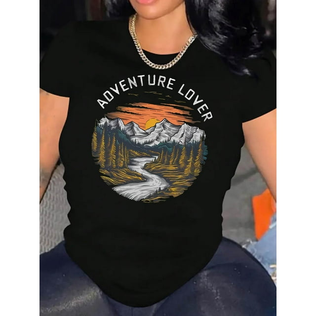 T-Shirt Graphique pour Femmes, Col Rond Décontracté, Manches Courtes, Polyester 95 % Spandex 5 % Tissu Tricoté, Extensible Moyen, Mode Toutes Saisons, Fête des Pères, Fête des Mères, Nouvel An, Printemps