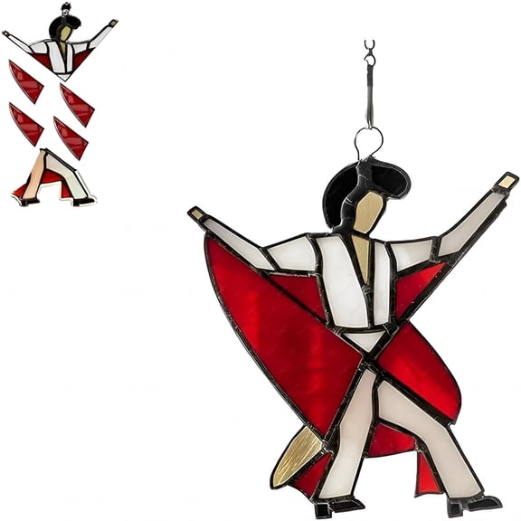 XIBUFE Handmade Stained Glass Spinner Featuring Elvis and Dancing King Design, Kinetic Acrylic Wind Spinner Hanging Decor for Porch Window Garden