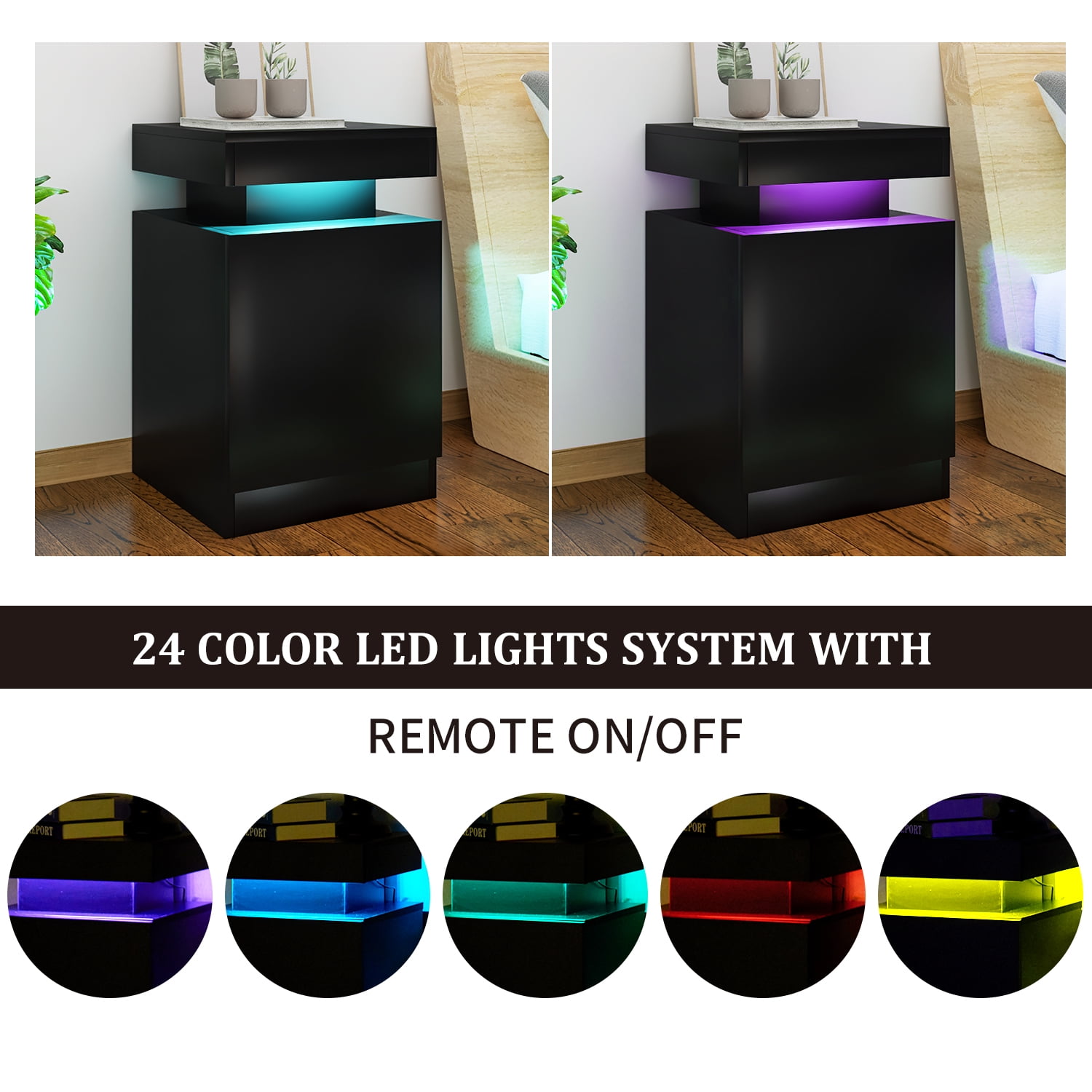EVmore Set of 2 Home Nightstand, Black, with 24 Color LED Lights
