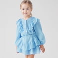 thumbnail image 2 of LIIPEE Girls Outfit Sets Casual Solid Color Ruffle Trim Puff Long Sleeve Crew Neck Button Down Shirt Pleated Skirt 2 Piece Set Children Kids Comfortable Breathable Cute Clothing,Blue,9-10 Years, 2 of 9