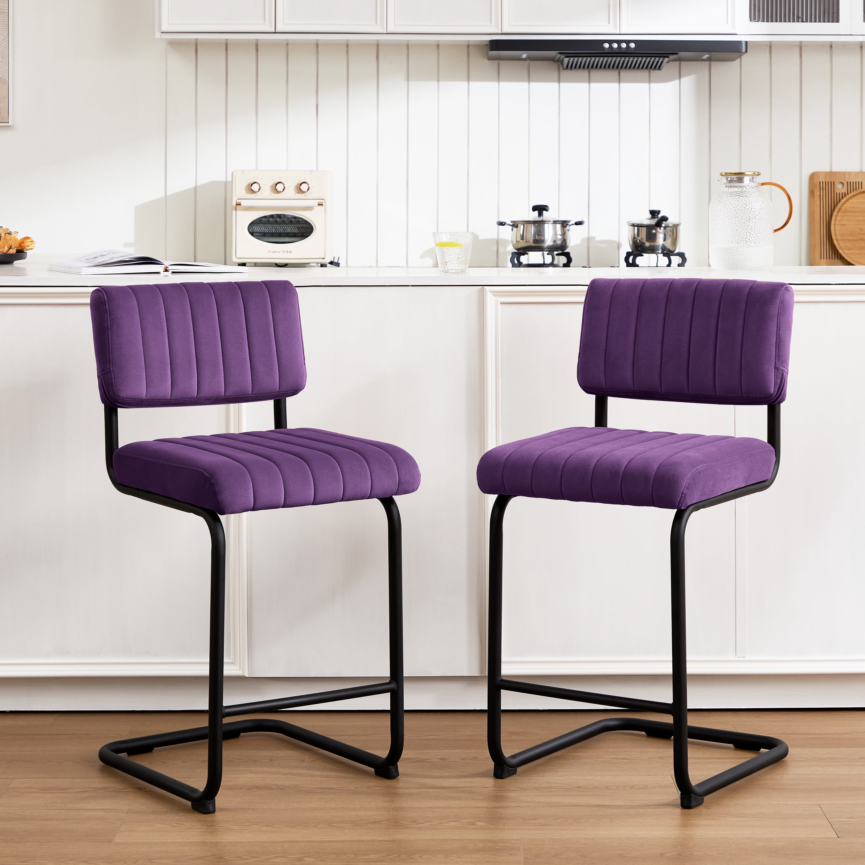 ONEVOG 24''H Counter Height Bar Stools Set of 2, Morden Counter Barstools with Velvet and Black Metal Legs, Upholstered Bar Stool for Kitchen Island, Purple