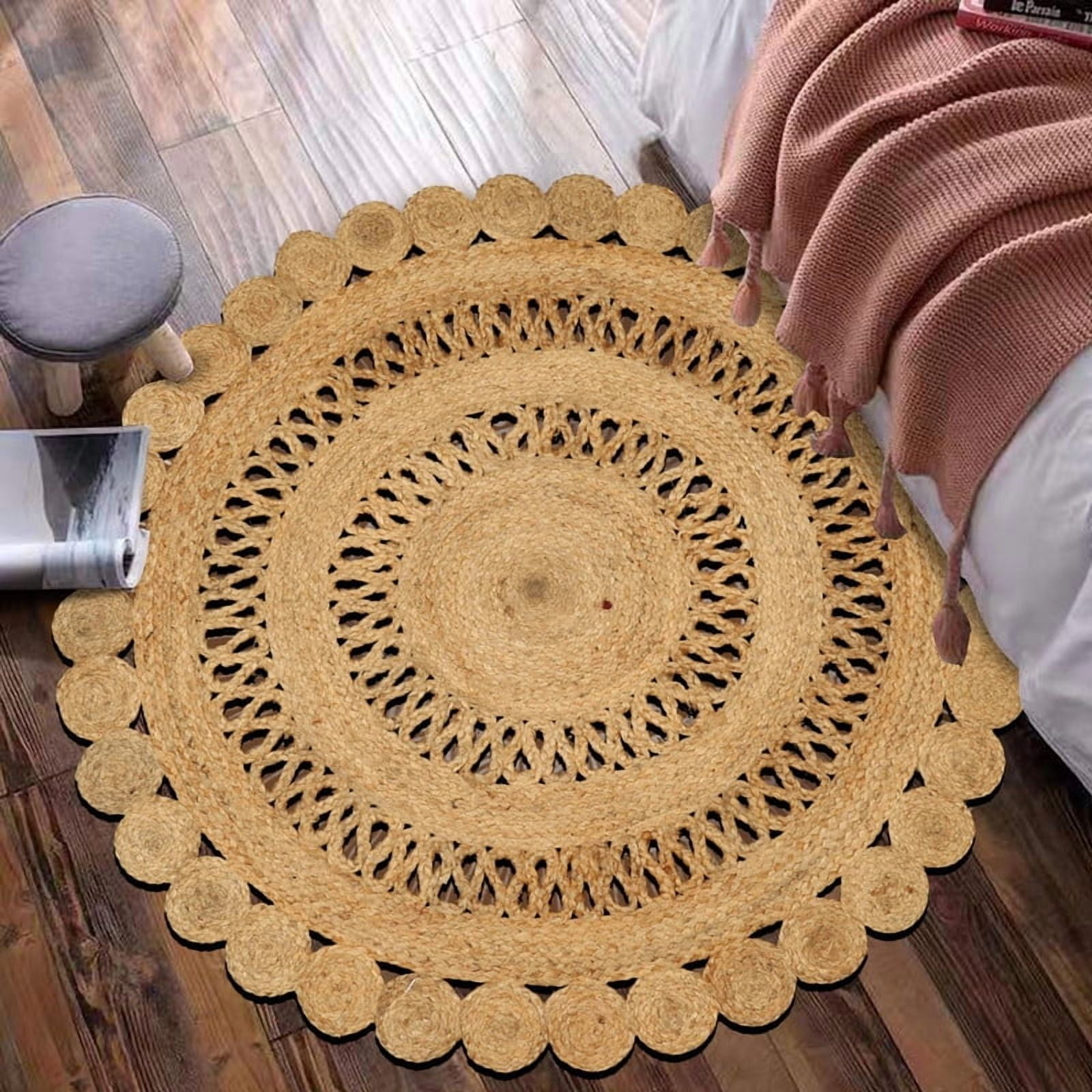 Natural Jute Circle Rug, Reversible Rustic Farmhouse Boho Area Mat, Natural_C, 2 FT