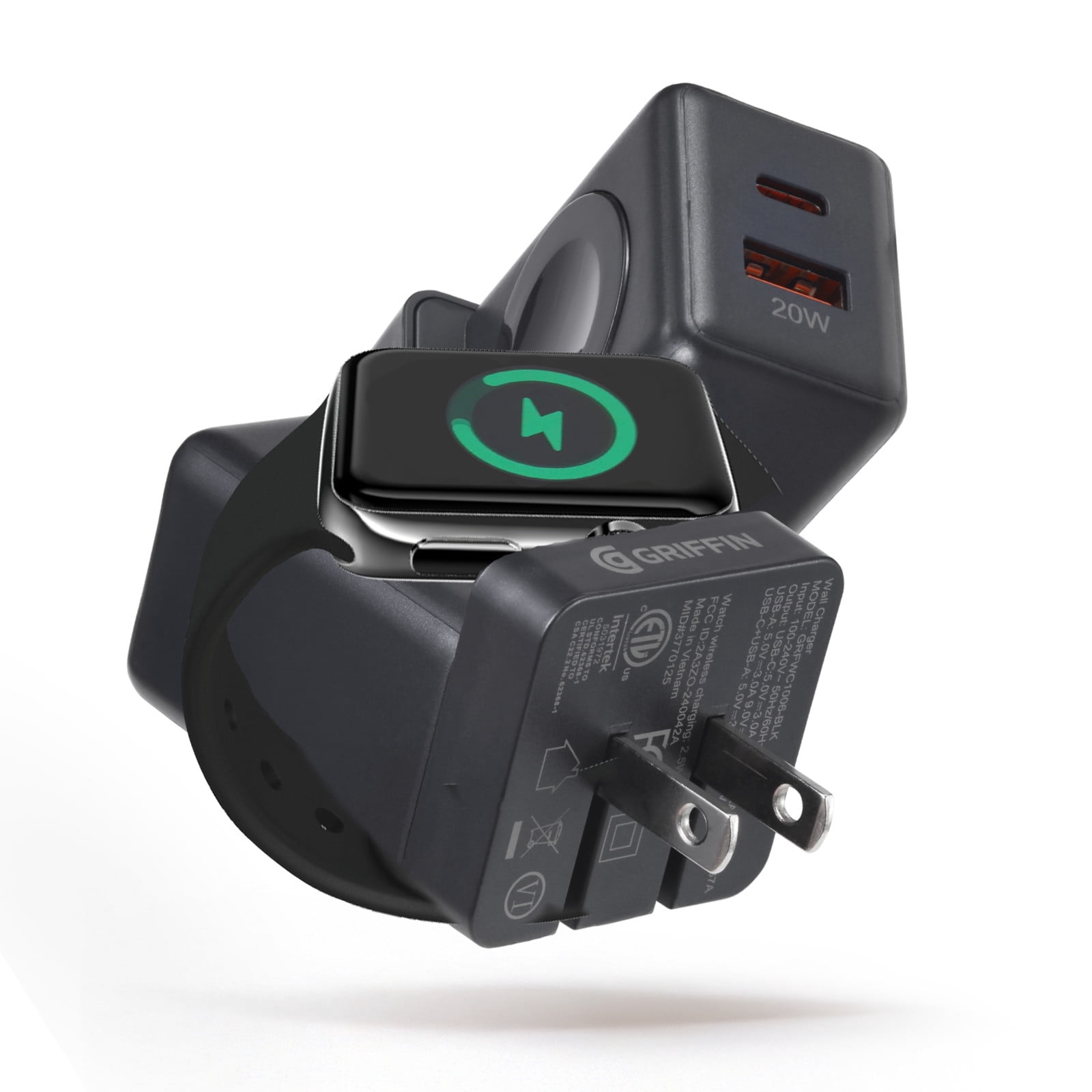 Griffin PowerBlock 20W Wall Charger with Smartwatch Wireless Charging, Dual USB-A & USB-C Ports, Fast Charging for Phones and Smartwatches