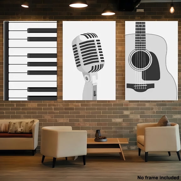 [2D Flat] 3pcs, 2D Frameless Canvas Print, Home Decor, 3pcs Music Theme Frameless Canvas Poster - Piano, Guitar and Microphone Design, Waterproof Wall Art, Suitable for Bedroom, Living Room, Home Of