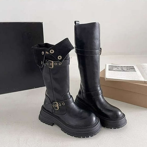 XIMIN Kid Girls Solid Color Round Toe Pull On Leather Goth Boot Fold Over Platform Boots Punk Mid Calf Chunky Stacked Heel Button Party Shoes