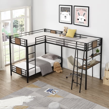L-shaped Triple Bed  Twin Size Metal Bunk Bed and Loft Bed Frame with Desk and Shelf  Two Ladder and Full-length Guardrail  for Kids  Teens