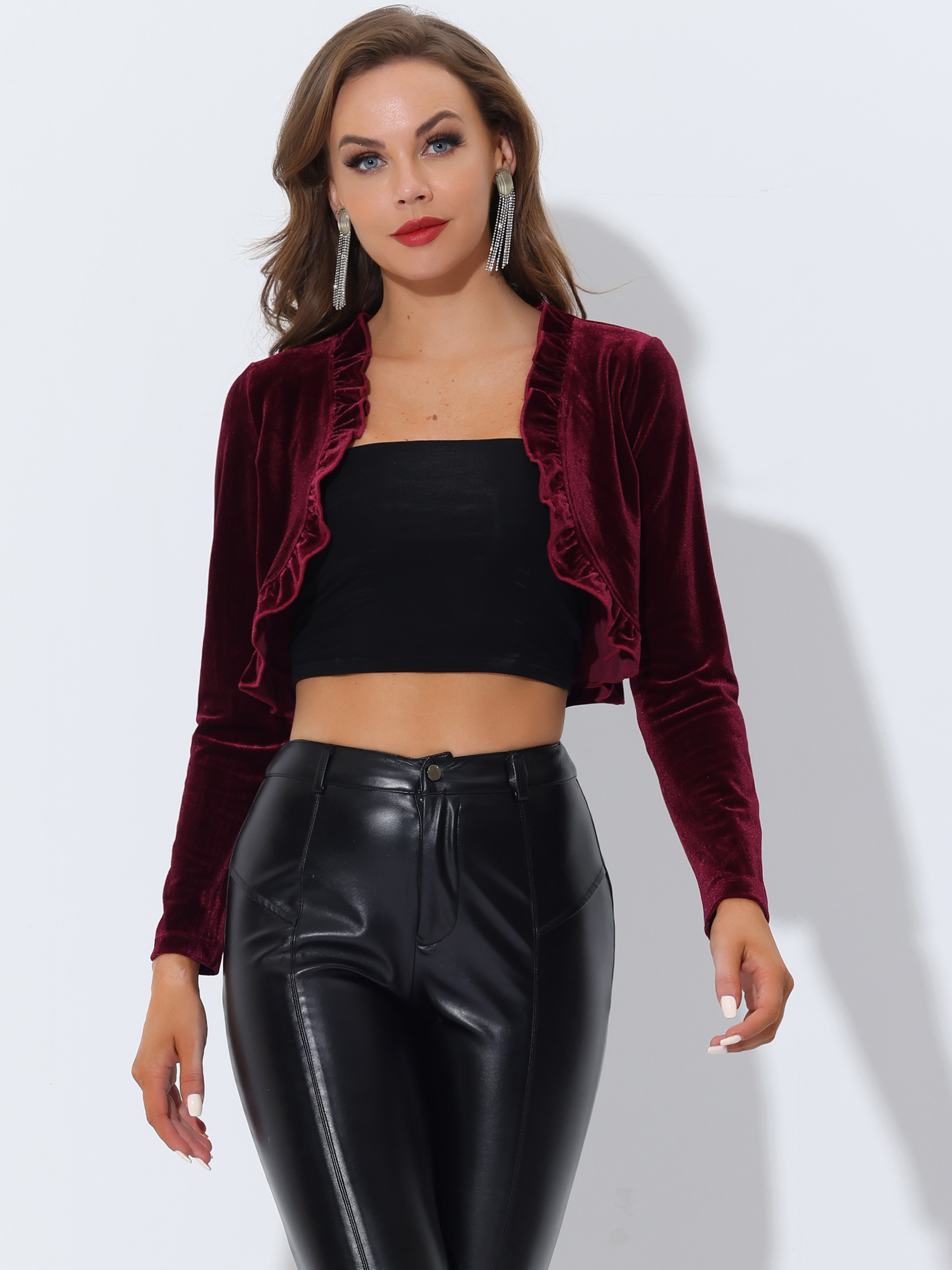 DARING DIVA Gothic Open Front Velvet Shrug Cropped Cardigan S Burgundy
