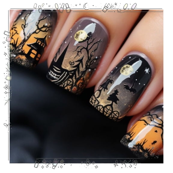 Tryvkinvive 24PCS Halloween Glossy Print Press on Nails,Handmade Orange Black Acrylic Short Square Glue on Nails,Artificial Salon-Quality Fake Nail Full Cover Gift for Women Manicure Holiday Daily