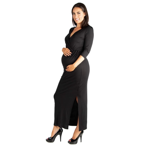 Maternity V Neck Side Slit Faux Wrap Maxi Dress