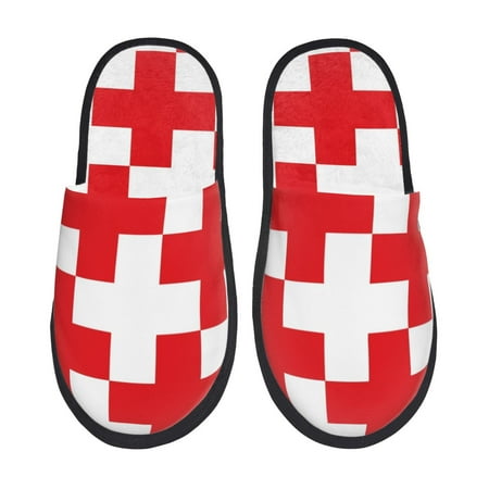 

Qokaie Red Cross 1 Print Fuzzy Slippers for Women – Soft Plush Indoor Slippers with EVA Sole Cozy and Comfortable for Home and Travel-Large