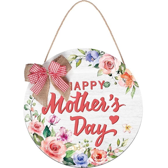 Dienrx Happy Mother's Day Welcome Sign Wreath 12 Inch Round Wooden Hanging Door Sign Colorful Floral Rustic Farmhouse Porch Decorations with Ribbon Bow for Mother's Day Front Door Decor